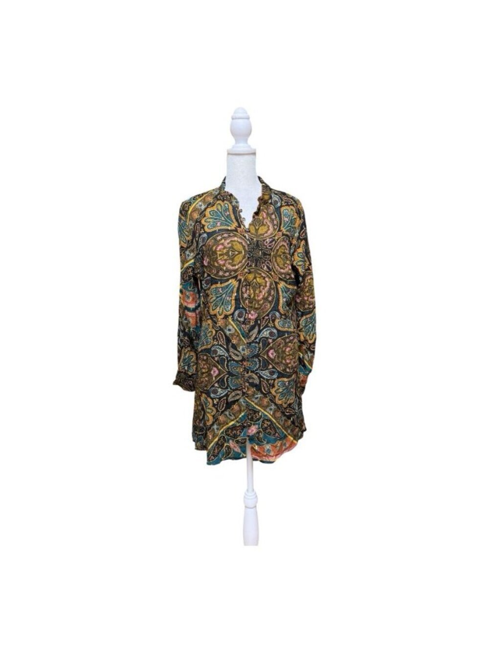 Zara NWT Paisley Tunic Blouse XL Metallic Thread Boho Long Sleeve V-Neck